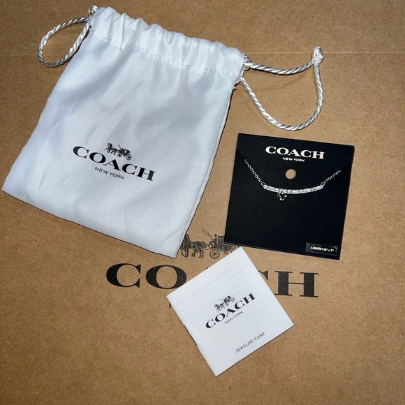 NWT Coach Silver Pave Bar Necklace Crystal Smile C Logo Charm 91431 Gift Bag - Picture 3 of 6